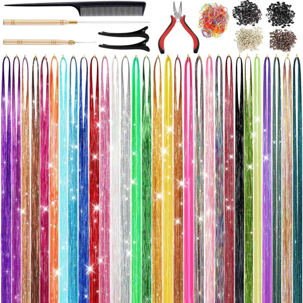 CHENZI hair tinsel kit contents with tools for easy DIY styling.