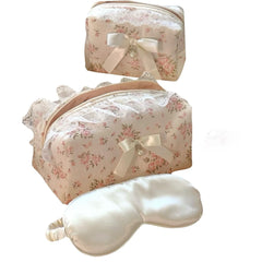 Cherry Ever After large floral makeup bag with pearl lace bow for organized cosmetics on the go
