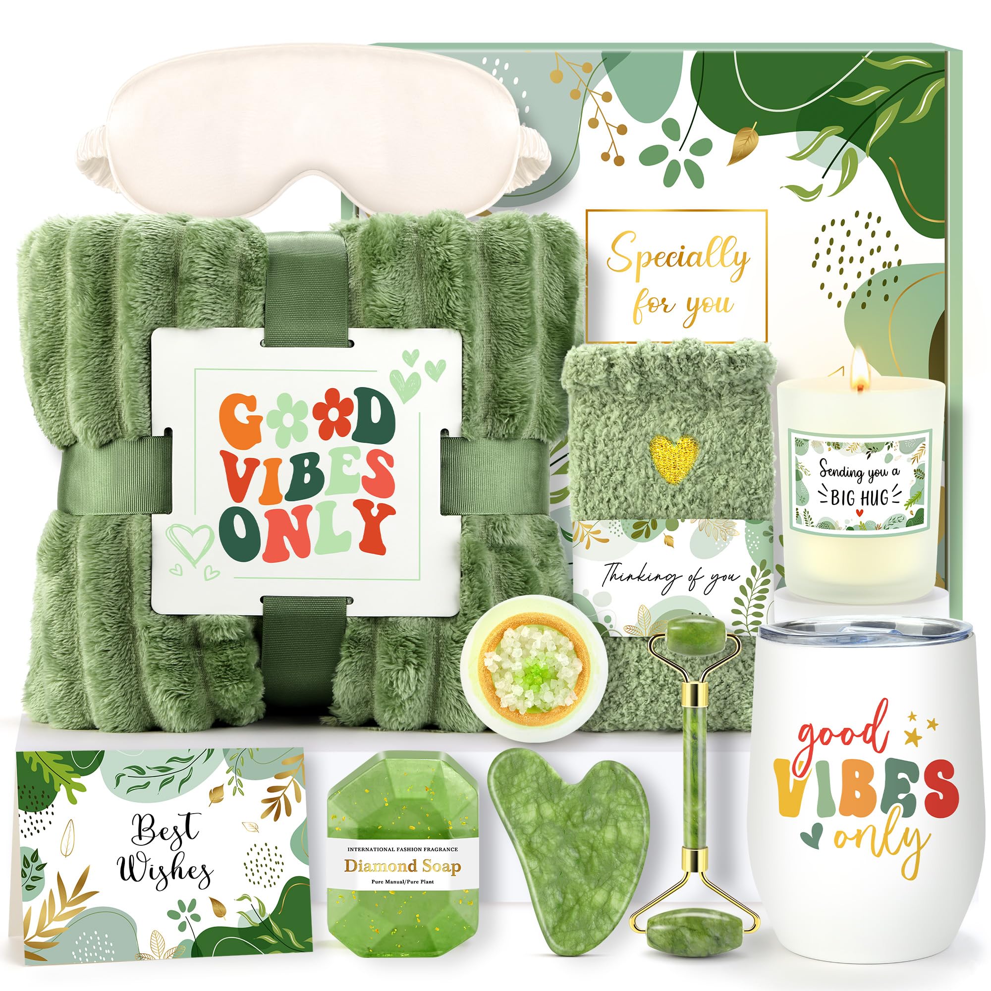 CHESACE plush blanket in green gift basket offers cozy relaxation.