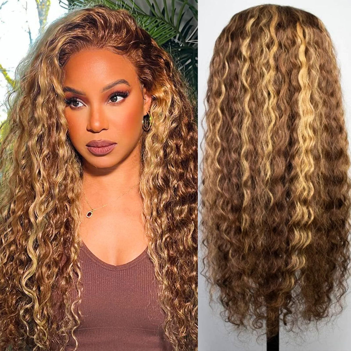 Chesma 28-inch highlight ombre lace front wig close-up shows natural hairline and deep wave texture.