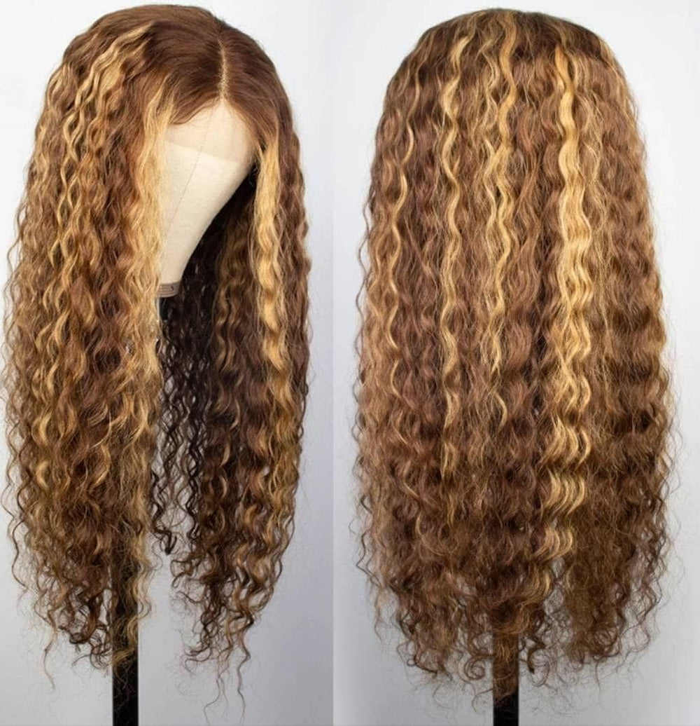 Chesma honey blonde 4/27 ombre wig side view highlights vibrant color and shine.