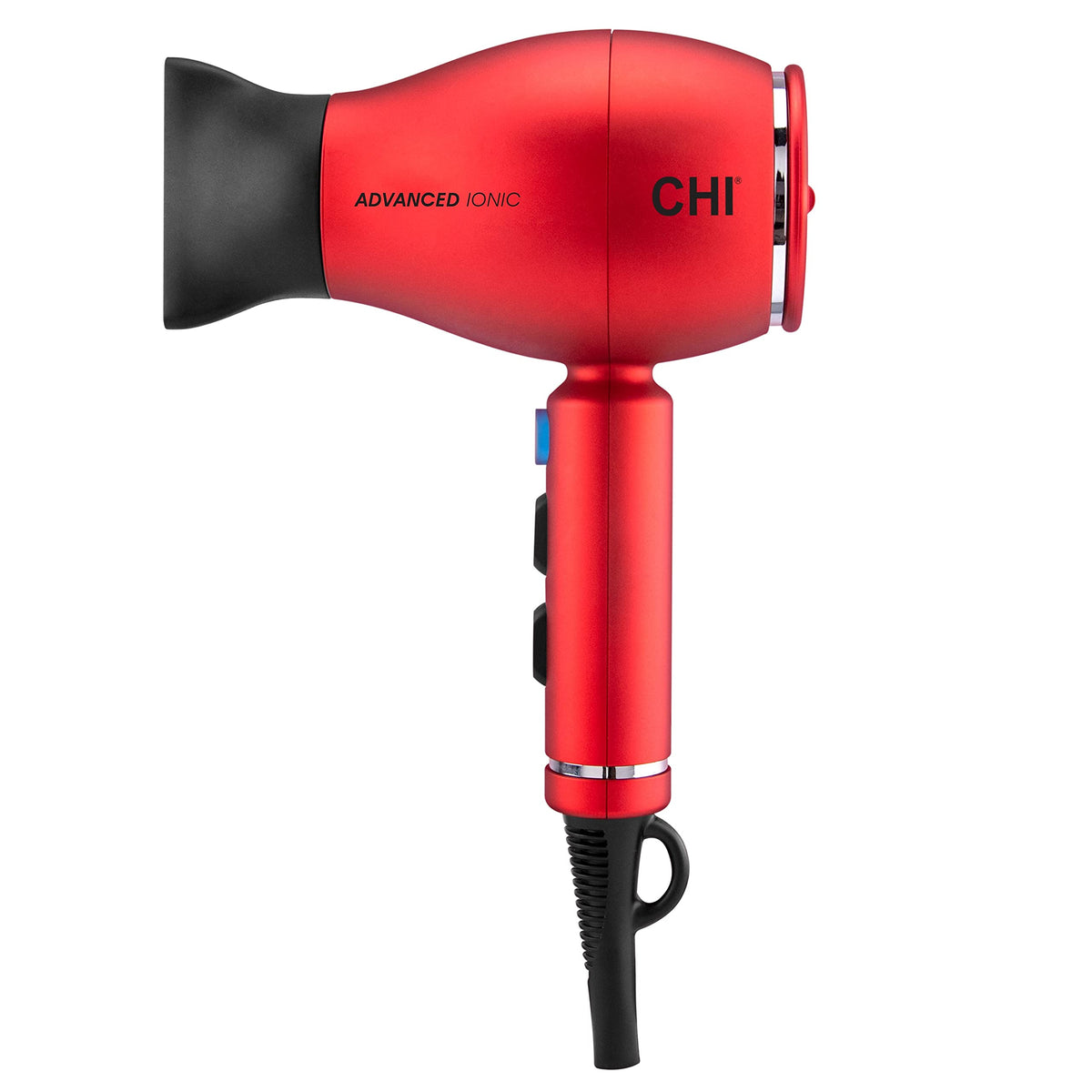 CHI 1875 Series Advanced Ionic Compact Hair Dryer front view demonstrates quick drying and frizz reduction potential.