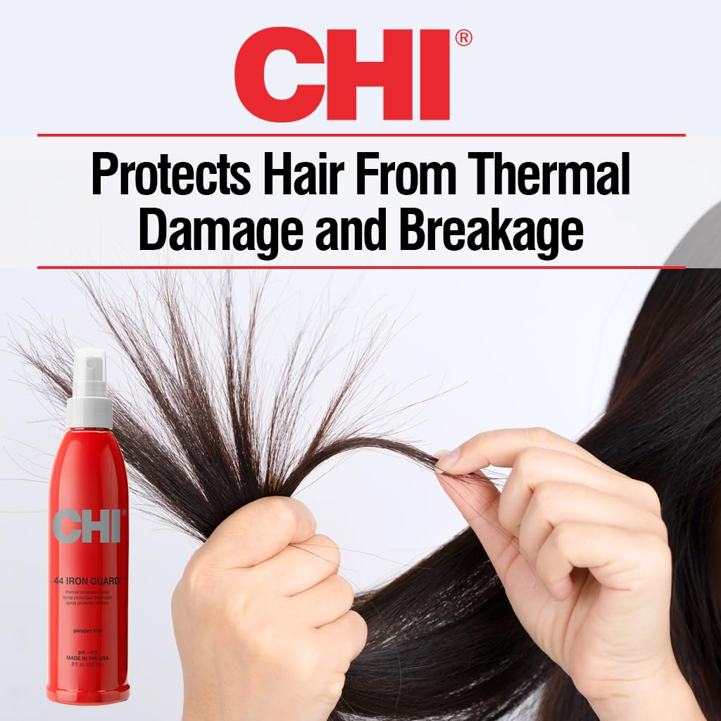 CHI bottle next to hair iron and brush indicating styling readiness