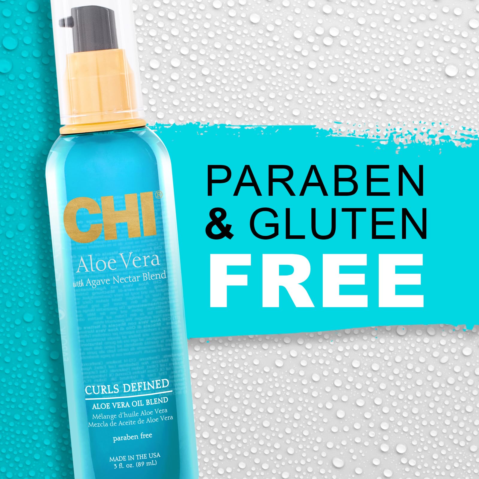 CHI Aloe Vera Oil packaging emphasizes cruelty-free, sulfate-free and paraben-free formula.