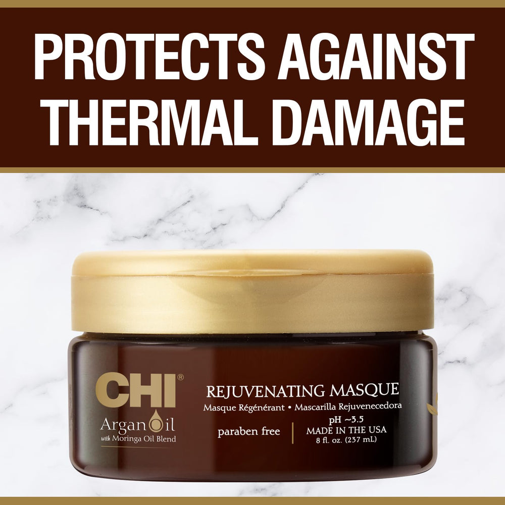 CHI Argan Oil Rejuvenating Masque application scene demonstrates smoothing from mid-length to ends