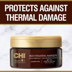 CHI Argan Oil Rejuvenating Masque application scene demonstrates smoothing from mid-length to ends