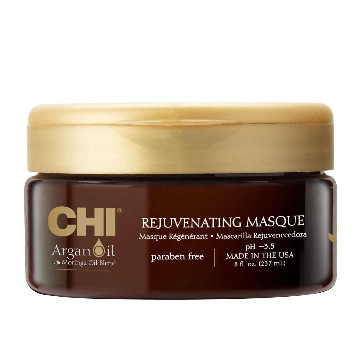 CHI Argan Oil Rejuvenating Masque jar closeup for deep conditioning and frizz control