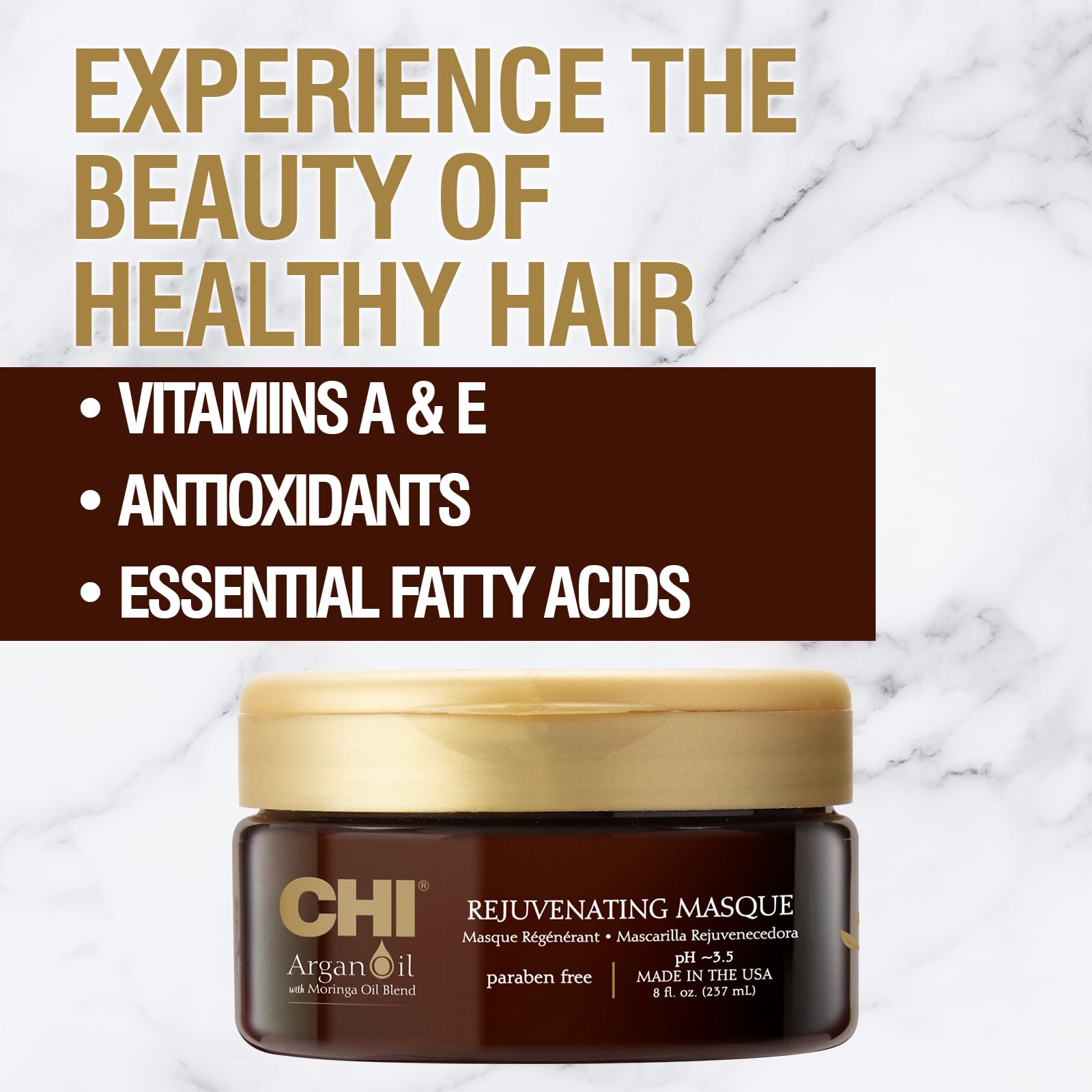 CHI Argan Oil Rejuvenating Masque jar label showing cruelty-free and sulfate-free properties
