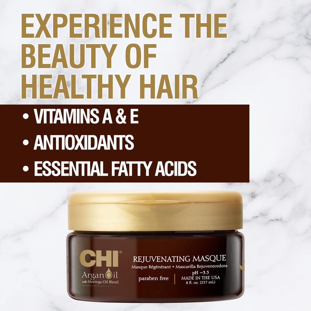 CHI Argan Oil Rejuvenating Masque jar label showing cruelty-free and sulfate-free properties