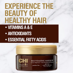 CHI Argan Oil Rejuvenating Masque jar label showing cruelty-free and sulfate-free properties