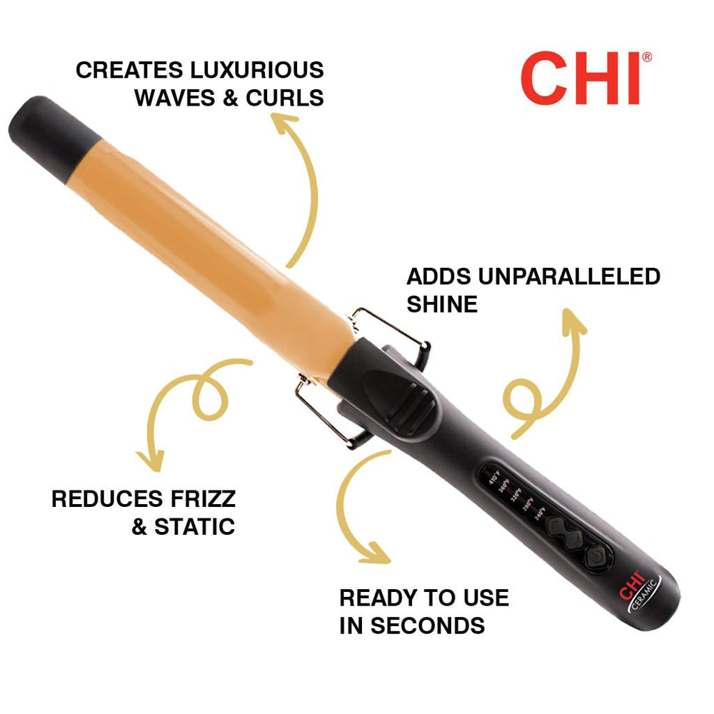 CHI ceramic curling iron with nonstick surface for easy glide and frizz-free styling.