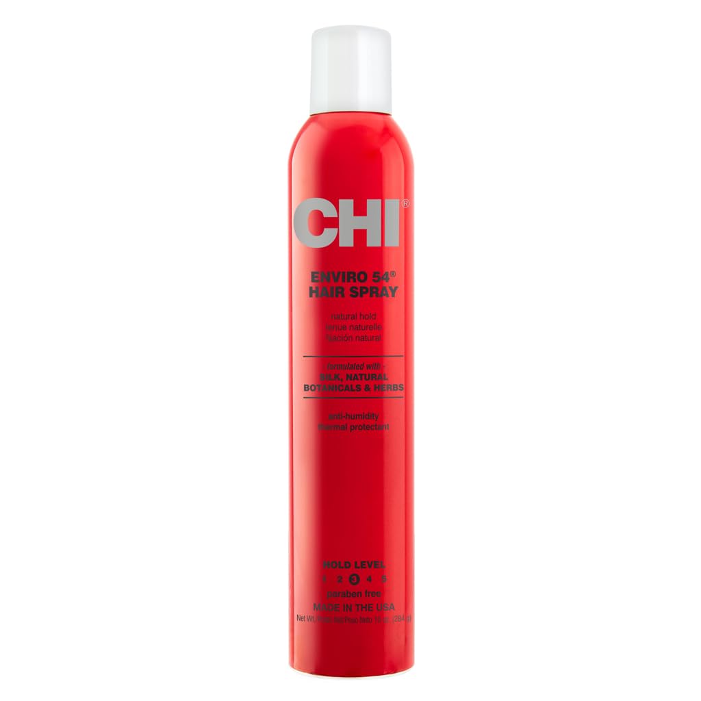 CHI Enviro 54 hairspray can-application demonstrates even mist for flexible hold without buildup.