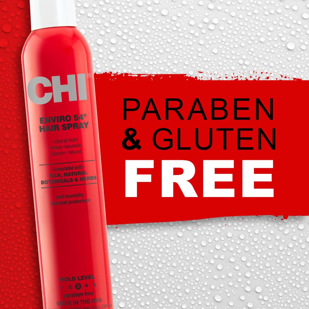 CHI Enviro 54 Hairspray adds luminous shine and protection.
