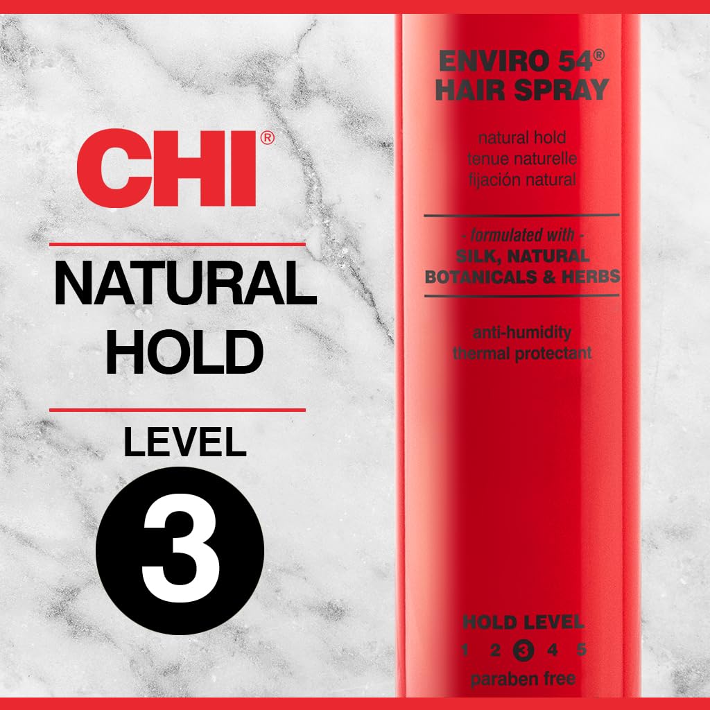 CHI Enviro 54 Hairspray demonstrates textured styles with layered finish.