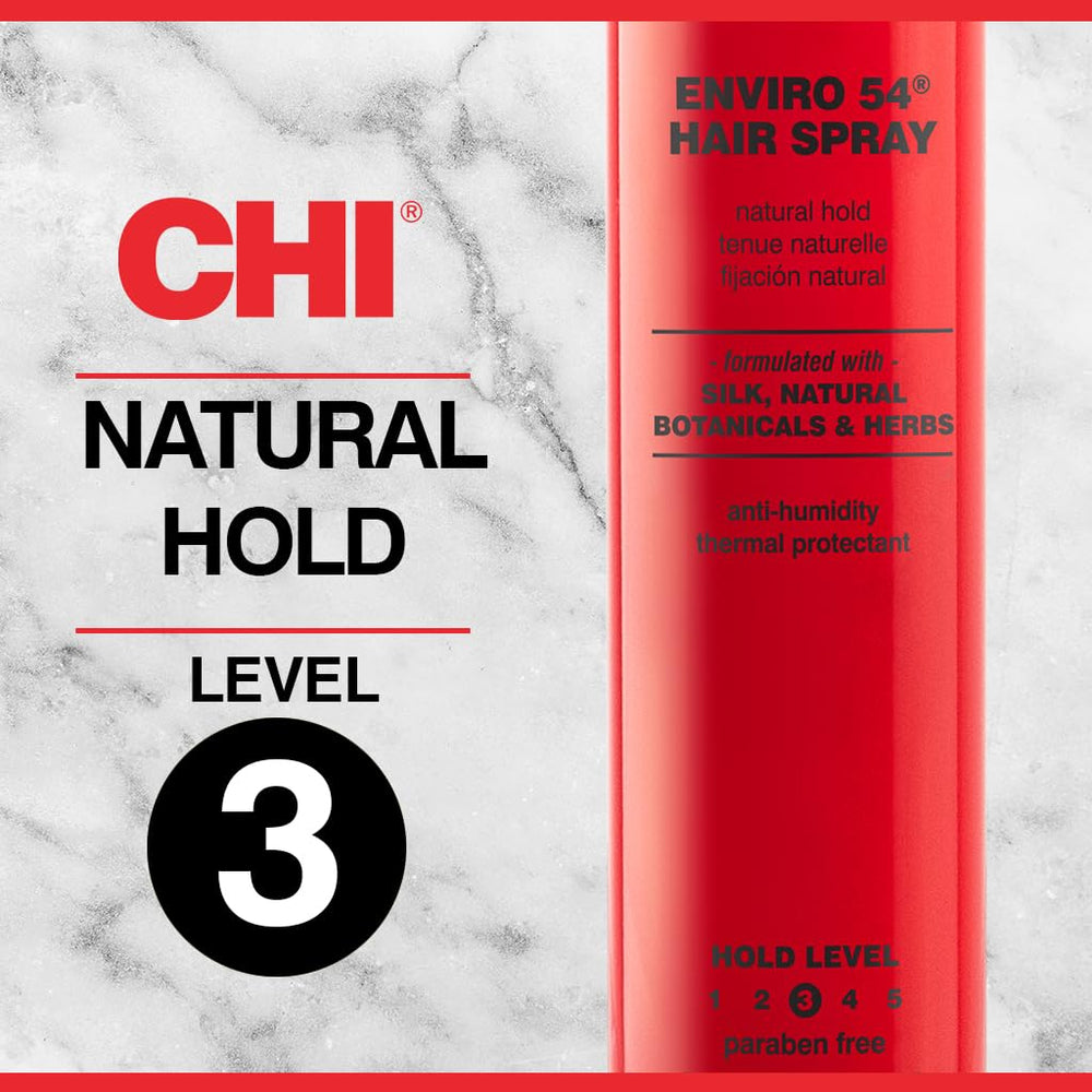 CHI Enviro 54 Hairspray demonstrates textured styles with layered finish.