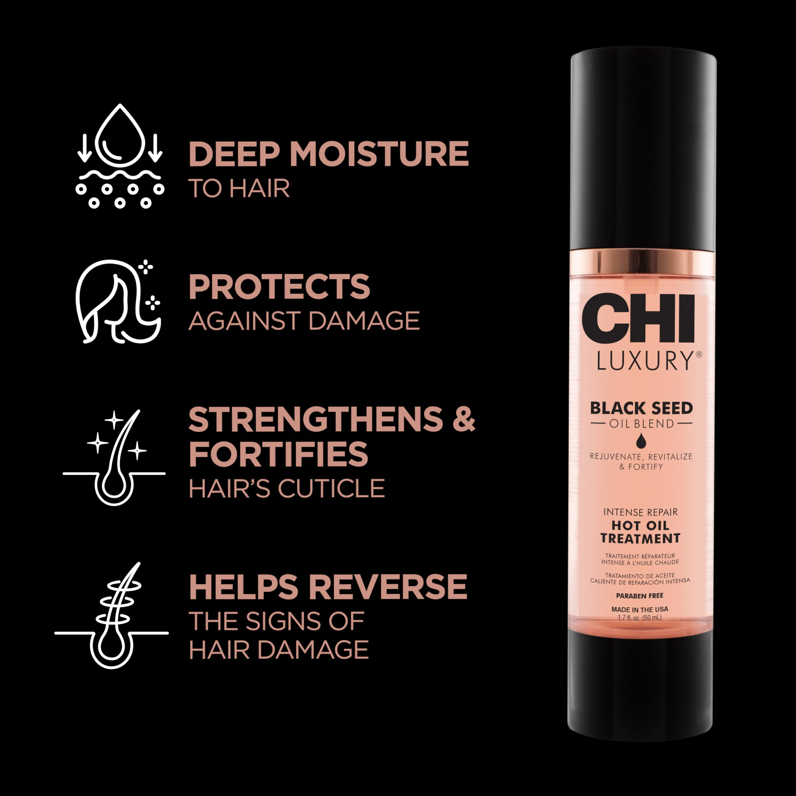 CHI Luxury Black Seed Oil application scene highlights rejuvenation through hot oil treatment