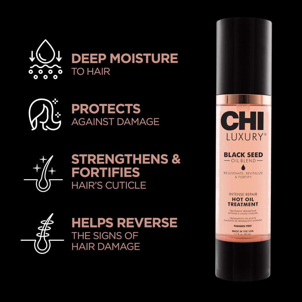 CHI Luxury Black Seed Oil application scene highlights rejuvenation through hot oil treatment