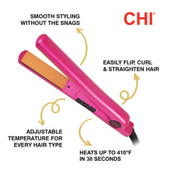 Wide plates on CHI flat iron cover more hair for even results on long hair