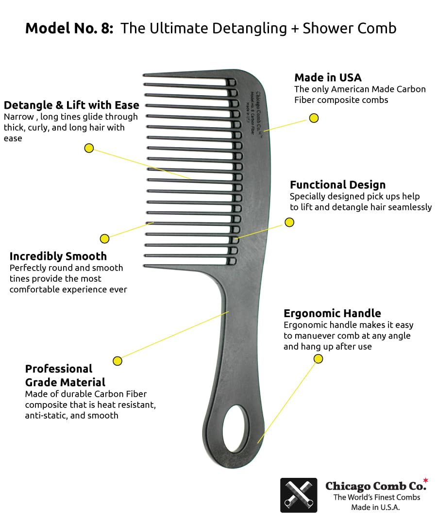Chicago Comb Model 8 anti-static carbon fiber reduces static while brushing