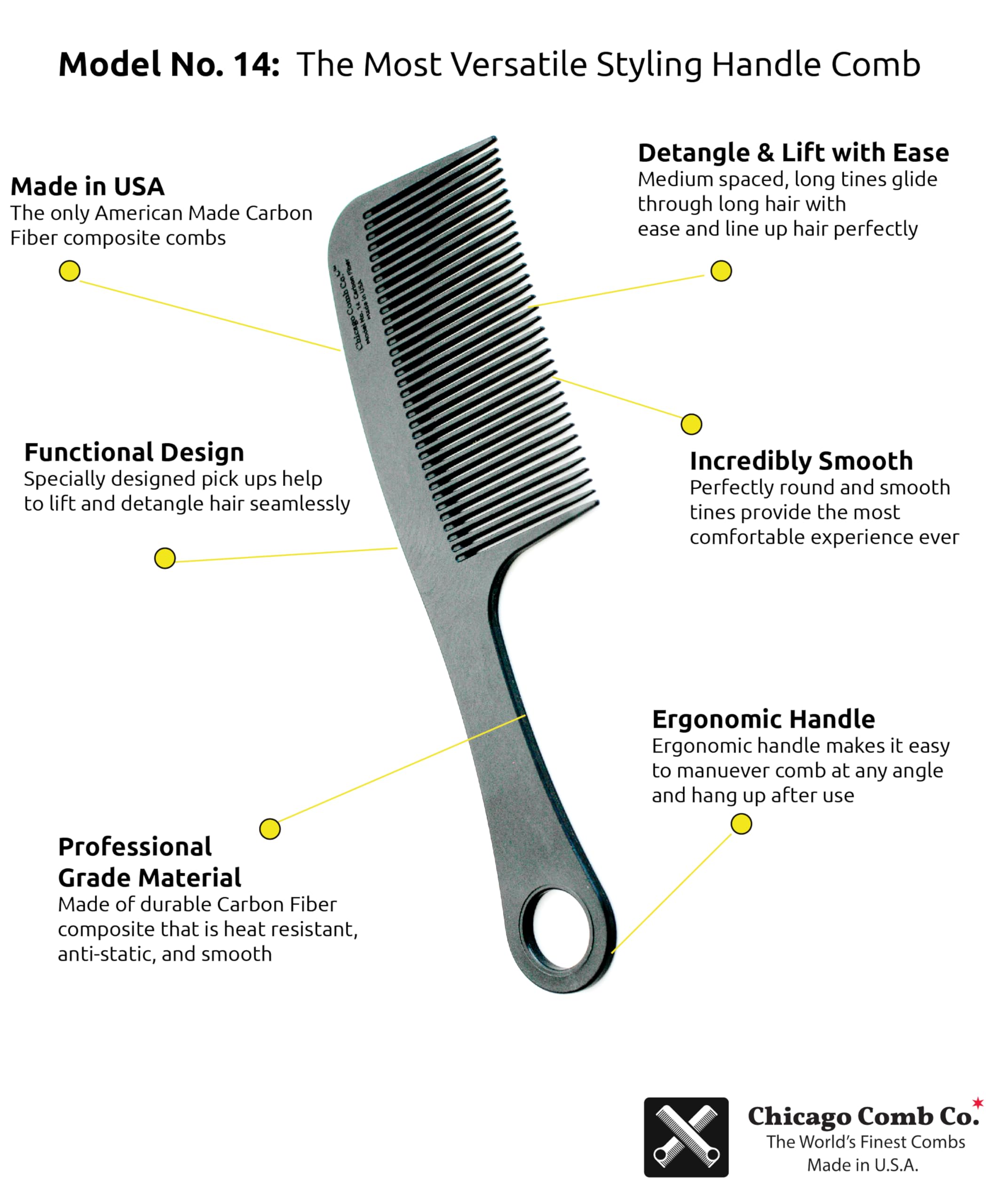Chicago Comb Model 14 carbon fiber loop for easy hanging after use