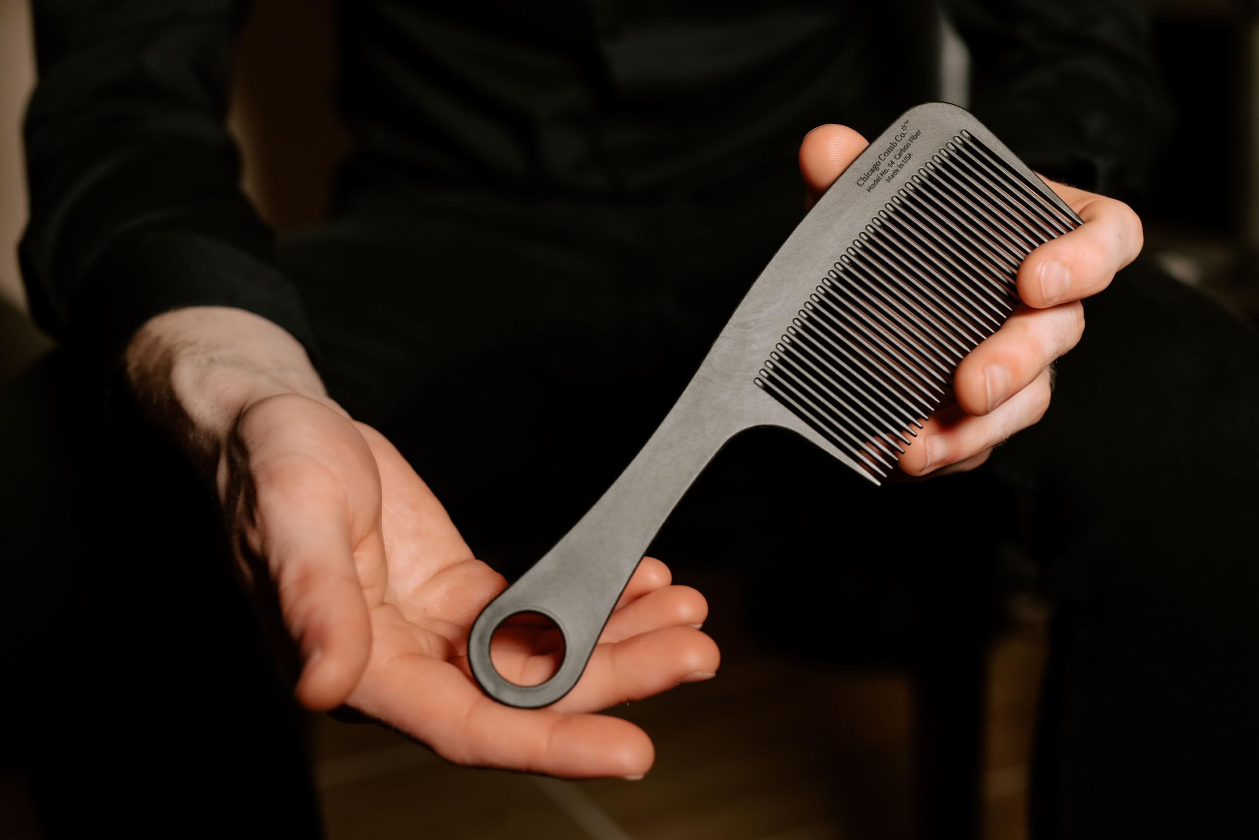 Chicago Comb Model 14 carbon fiber styling for precise side parts and neat lines