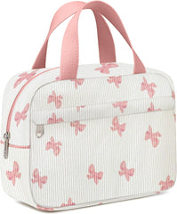 Chicarries bow pink corduroy makeup bag close-up highlighting durable fabric and floral bow detail