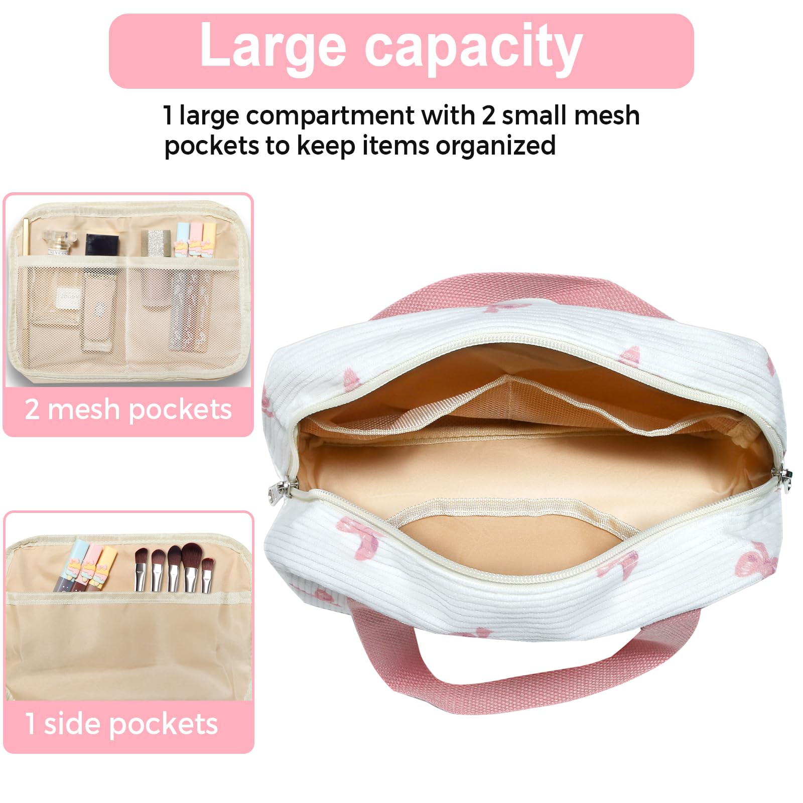 Chicarries bow pink corduroy makeup bag inside purse demonstrates purse-friendly size