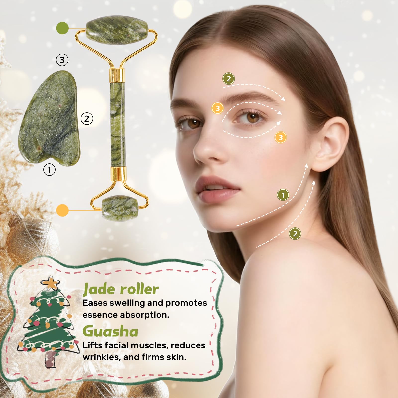 CHICNOOK gua sha and jade roller set for facial massage.