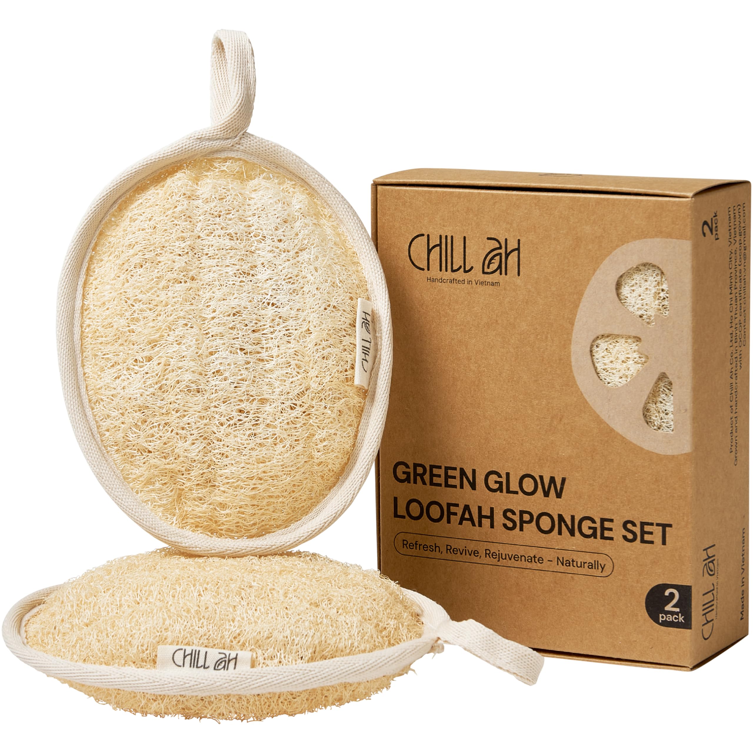 Chill Ah Green Glow dual-sided loofah bath sponge for gentle exfoliation and radiant skin