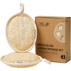Chill Ah Green Glow dual-sided loofah bath sponge for gentle exfoliation and radiant skin