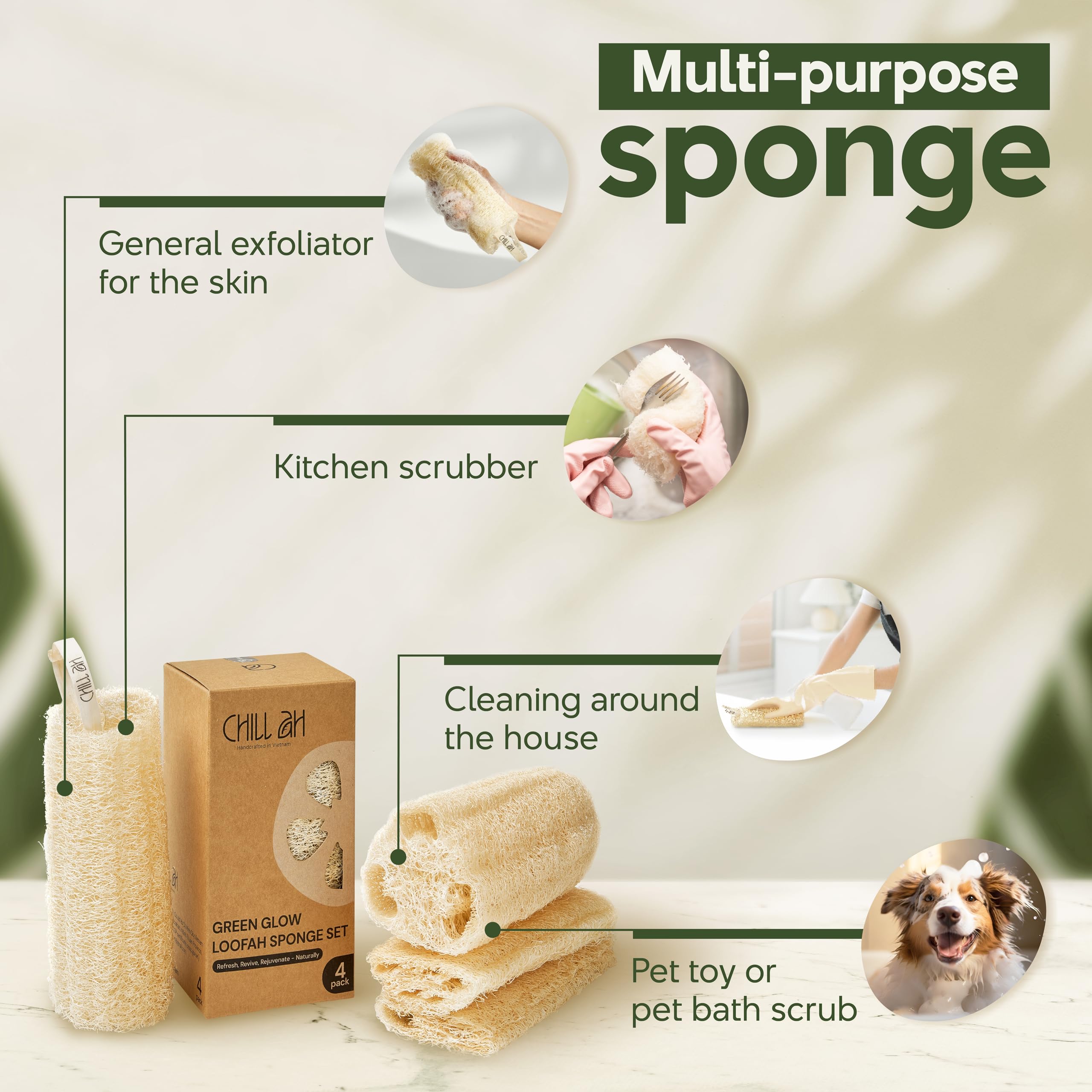 Chill Ah loofah sponge set natural scrub effect on skin.