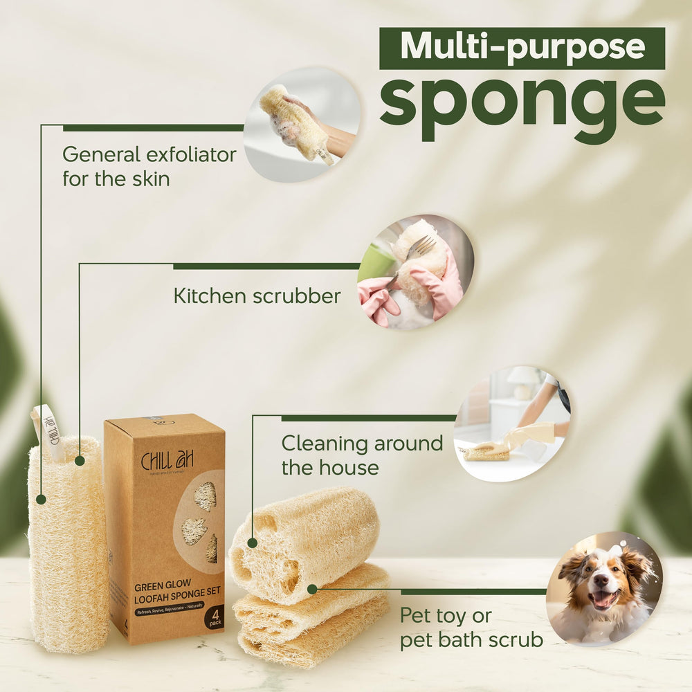 Chill Ah loofah sponge set natural scrub effect on skin.