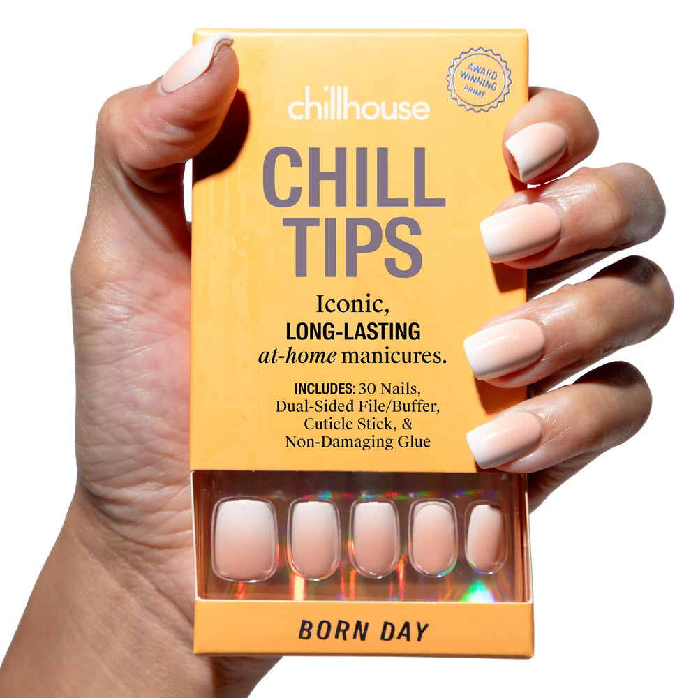 Chillhouse Chill Tips kit cover showing Born Day square nails for at-home salon results.