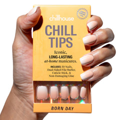 Chillhouse Chill Tips kit cover showing Born Day square nails for at-home salon results.