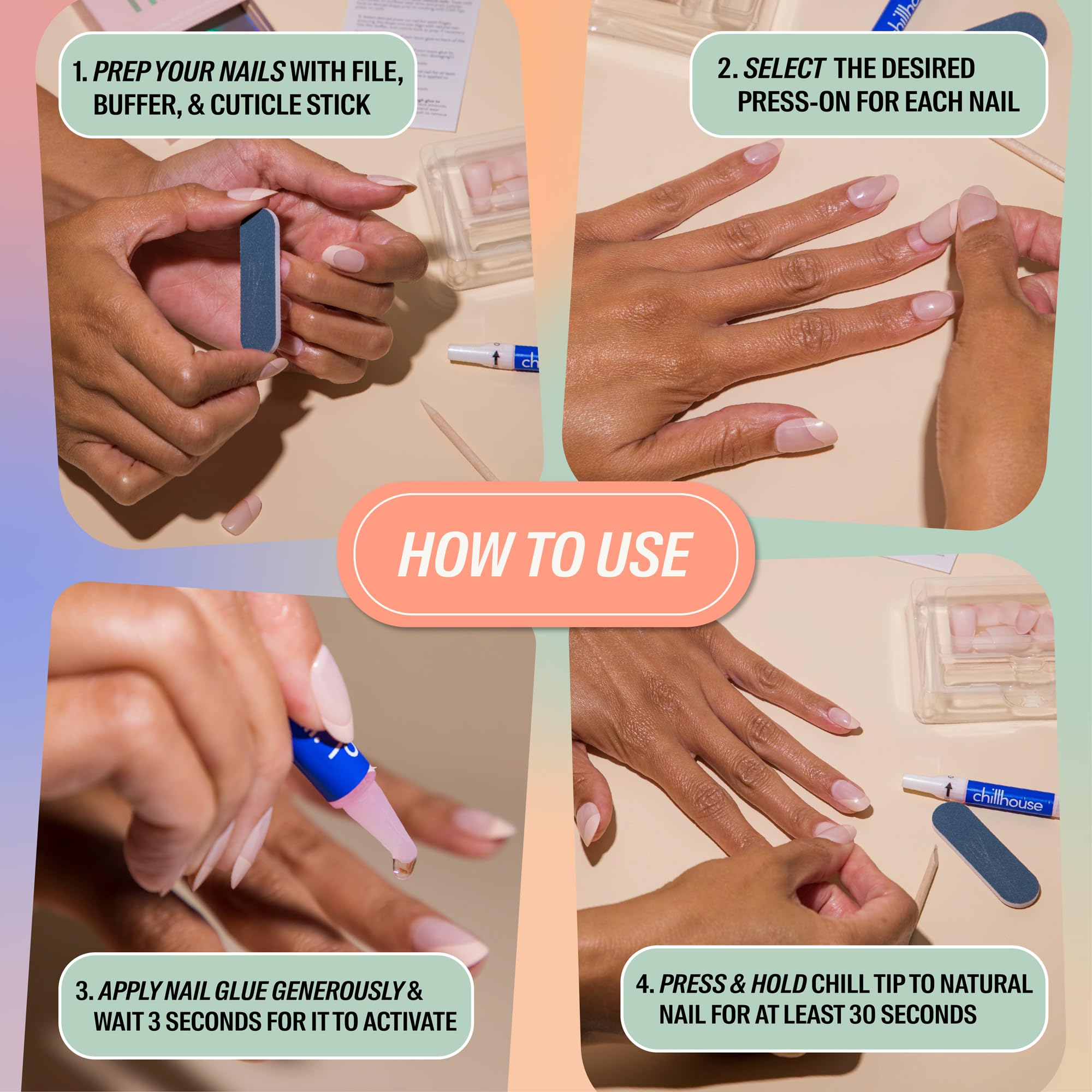 Chillhouse gentle nail glue for secure, damage-free wear.