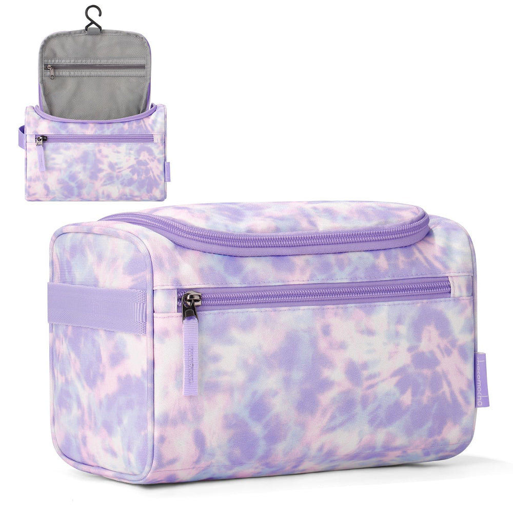 Choco Mocha kids toiletry bag with purple tie-dye hangs for easy travel access.