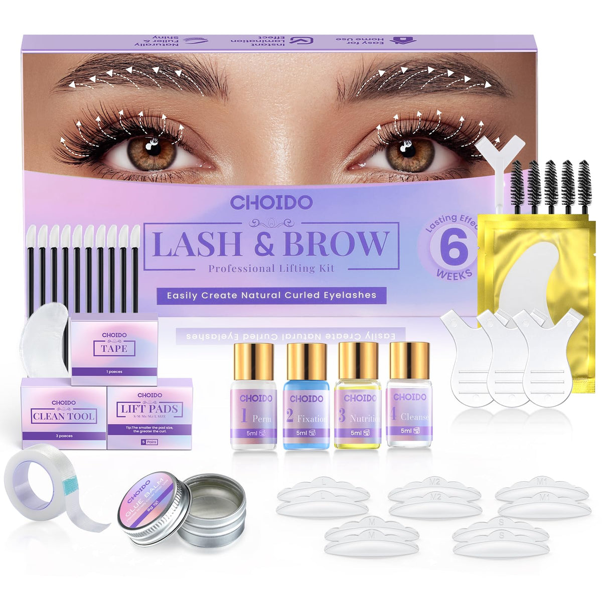 Choido Lash Lift Kit box contents with tools for at-home salon-quality lashes.