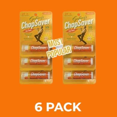 Six-pack of ChopSaver lip balms displayed on a counter.