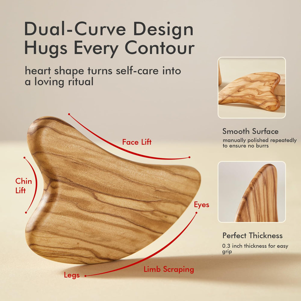 CHOSIN olive wood gua sha in use on face for lymphatic drainage routine.
