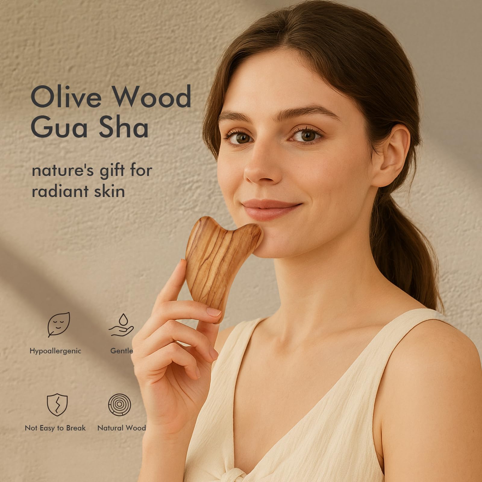 CHOSIN olive wood gua sha jawline tool emphasizing contouring and lifting effect.
