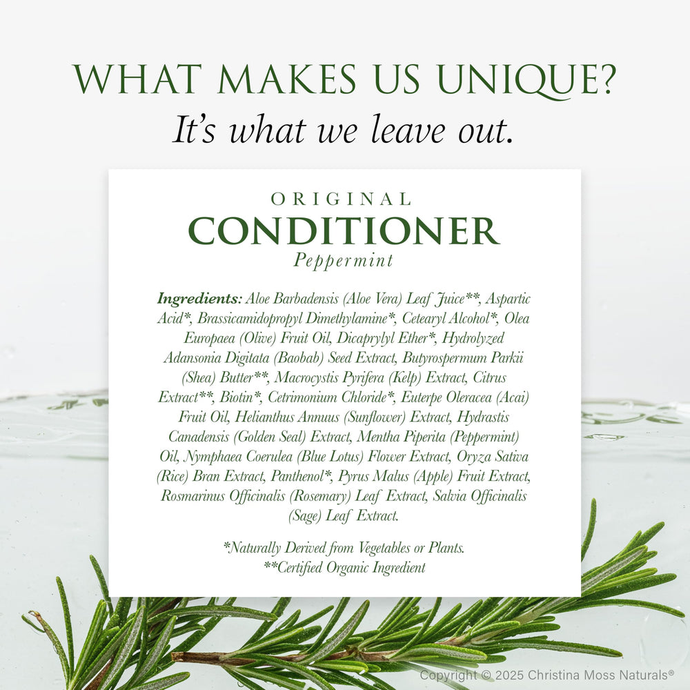 Christina Moss Naturals conditioner ingredients highlight kelp blue lotus sage for natural care