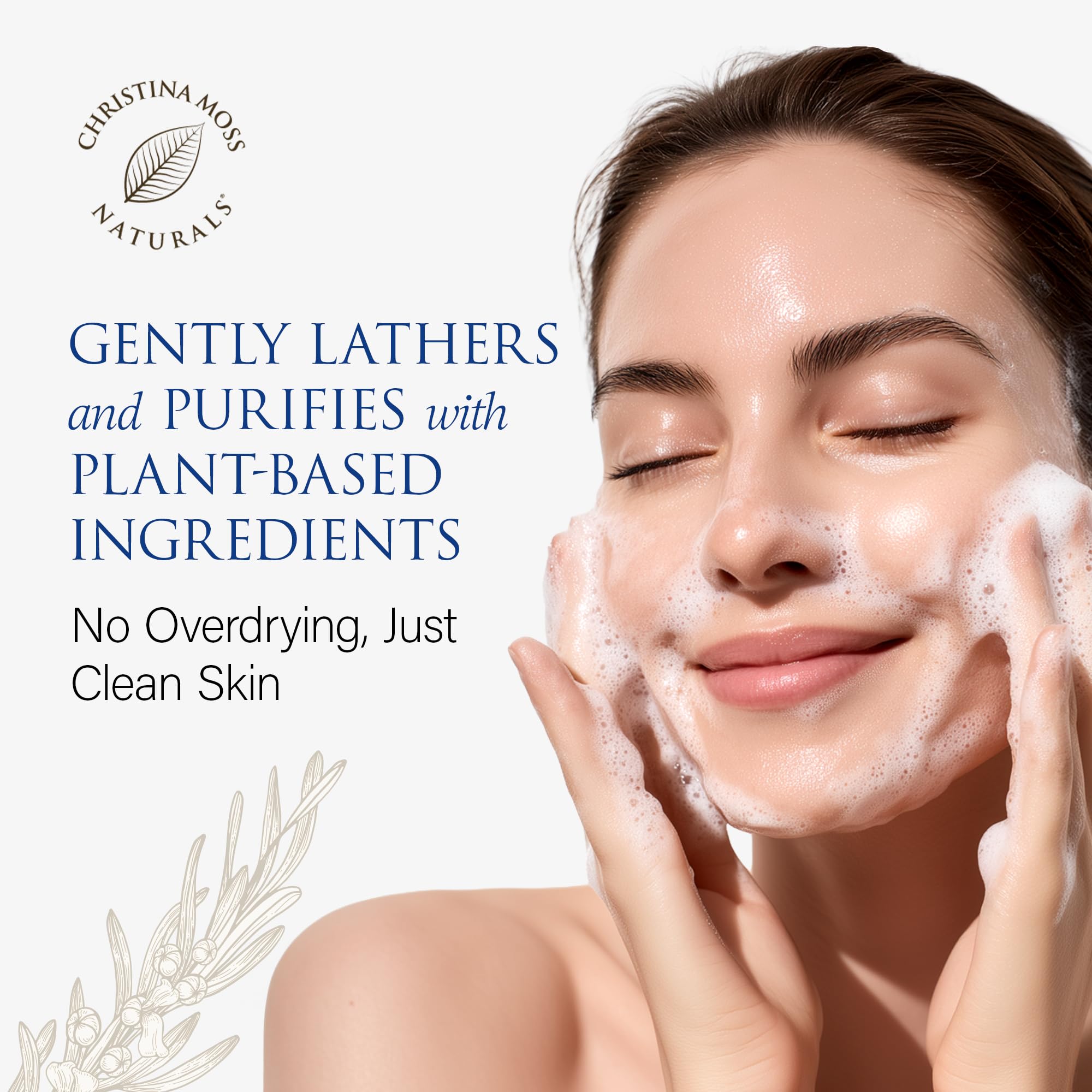Christina Moss Naturals Face Wash hand lather demonstrates gentle cleansing suitable for all skin types.