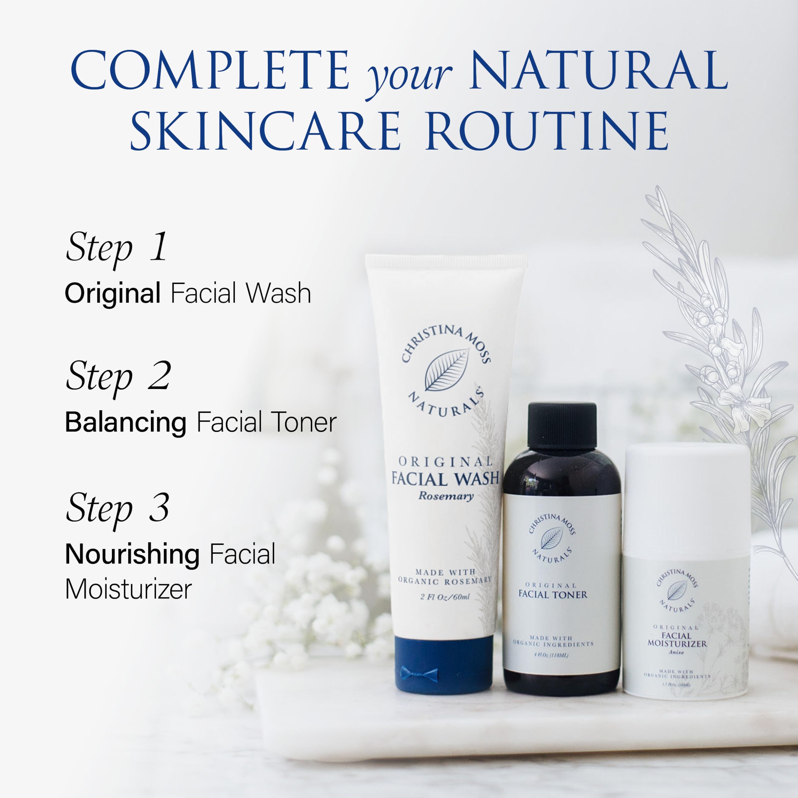 Christina Moss Naturals Face Wash packaging reflects clean, vegan skincare with transparent ingredient promise.