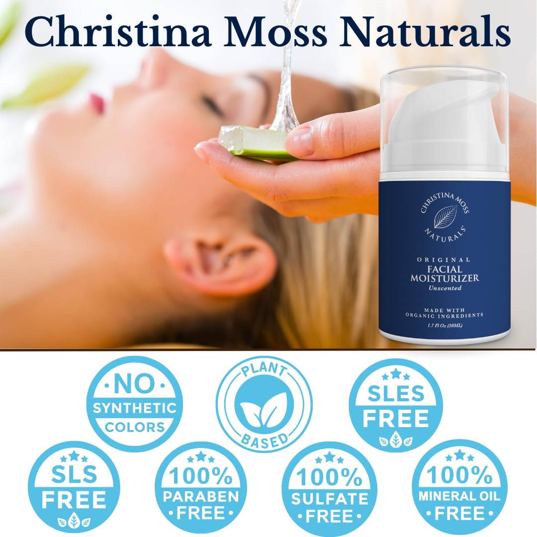 Christina Moss Naturals Original Moisturizer packaging closeup conveys clean, toxin-free skincare promise.