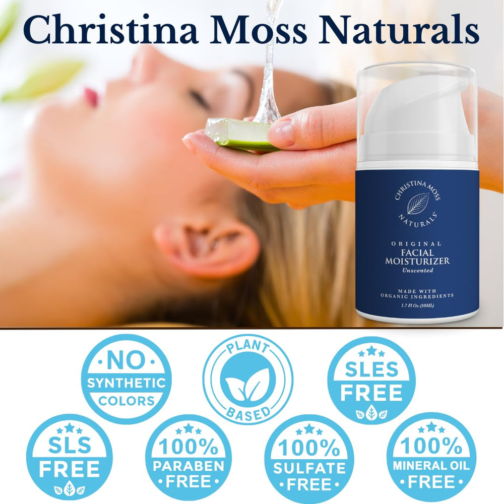 Christina Moss Naturals Original Moisturizer packaging closeup conveys clean, toxin-free skincare promise.