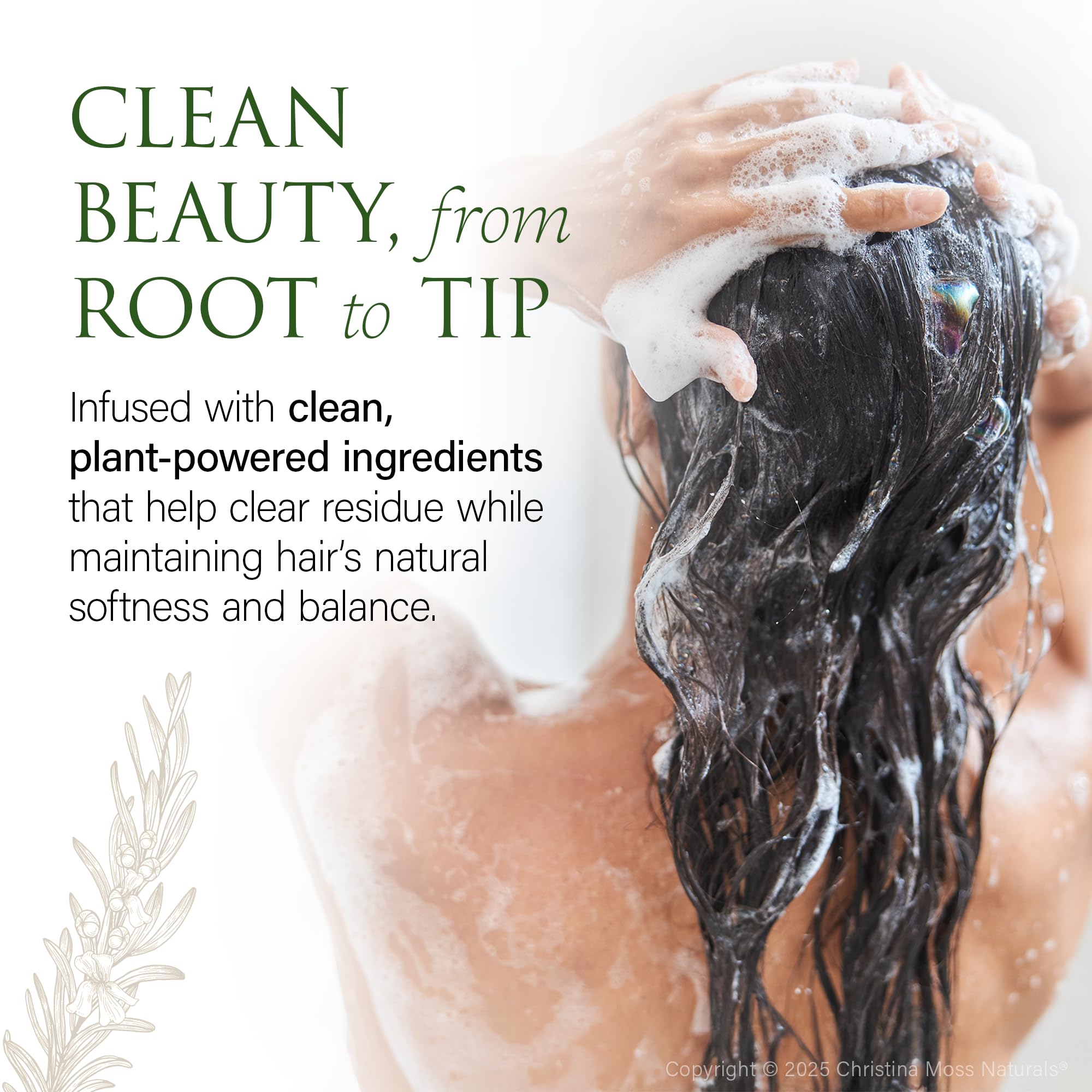 Christina Moss Naturals Shampoo fragrance-free image communicates clean formula ideal for sensitive skin