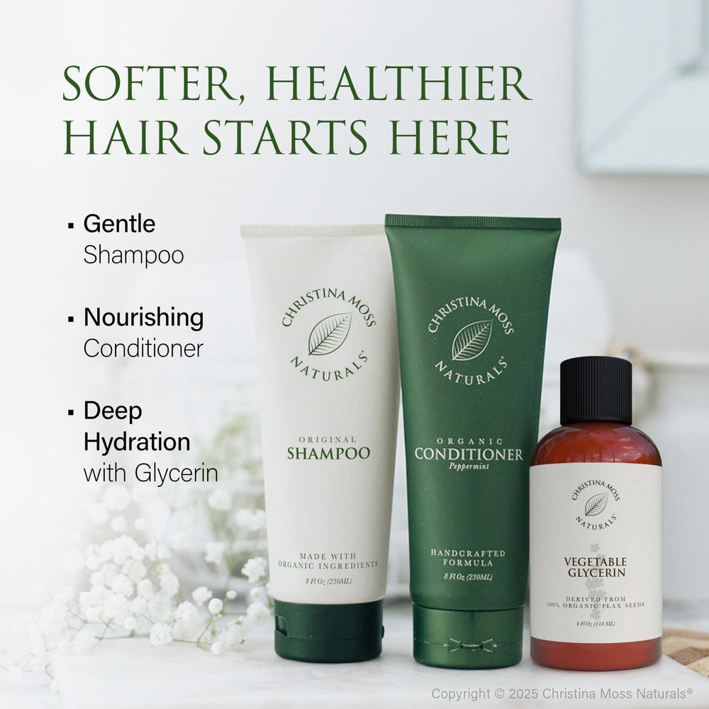 Christina Moss Naturals Shampoo hair-care-routine image emphasizes easy rinse and lightweight formula