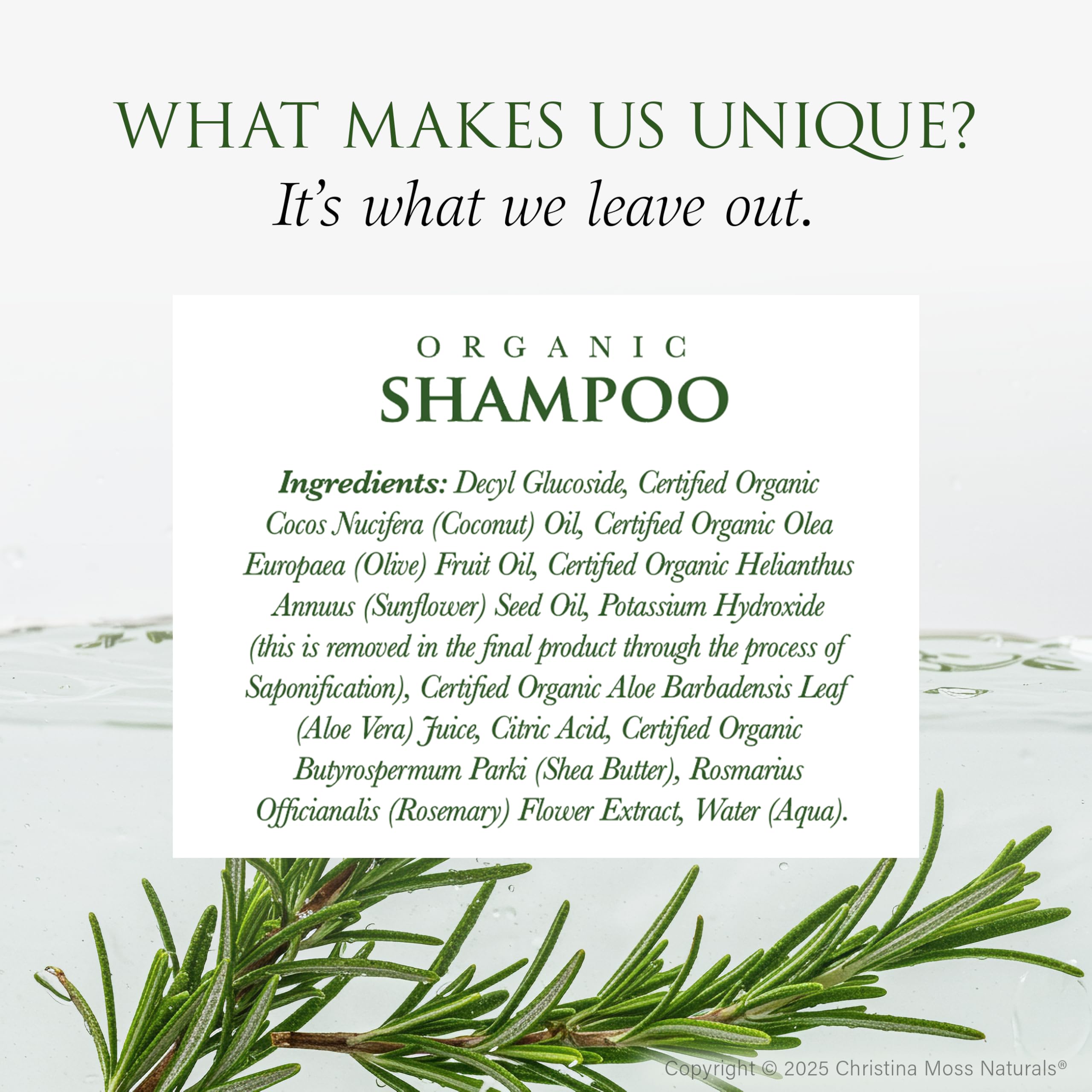 Christina Moss Naturals Shampoo lather closeup demonstrates mild cleaning without harsh chemicals