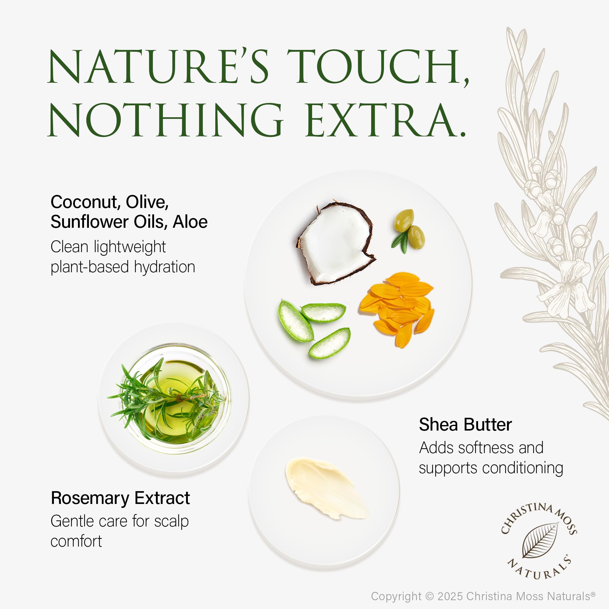 Christina Moss Naturals Shampoo organic-ingredients section highlights coconut oil and aloe benefits