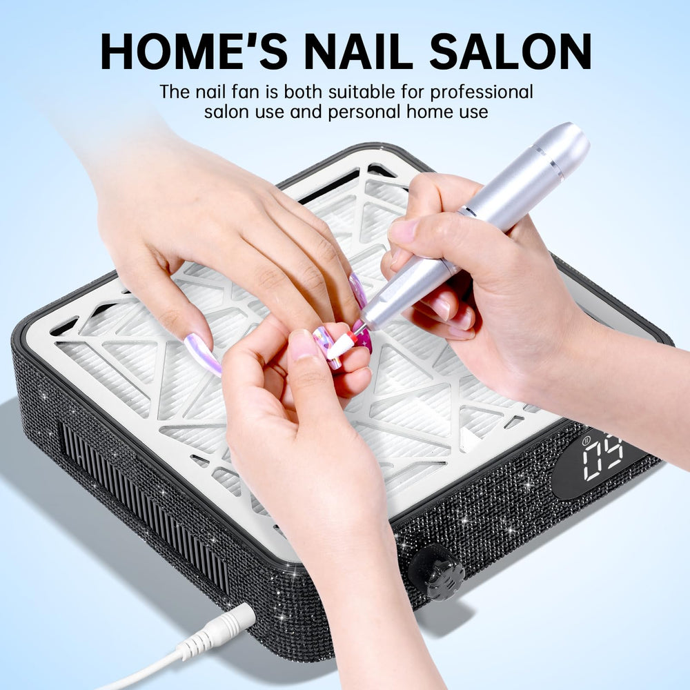 CHRISTINE SHELLY Nail Dust Collector in salon setup shows pull-sensing filter for reuse.